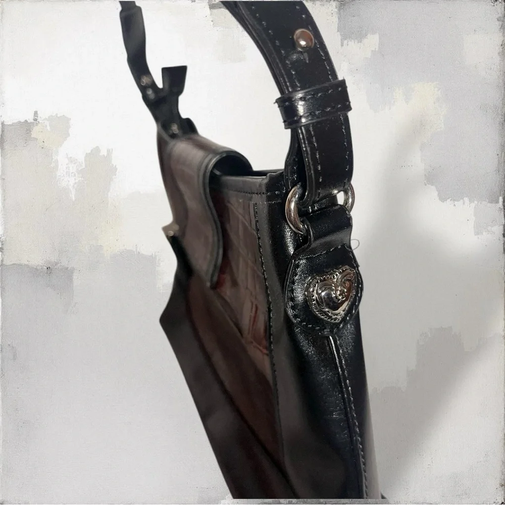 Vintage black and burgundy/red crocodile-embossed leather shoulder bag